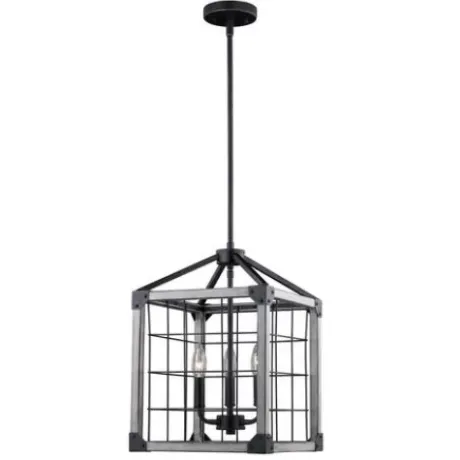 * Indoor Lighting|Brand New Patriot Lighting® Elegant Home Levon Weathered Gray Faux Wood & Black 3-Light Pendant