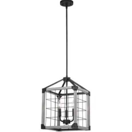 * Indoor Lighting|Brand New Patriot Lighting® Elegant Home Levon Weathered Gray Faux Wood & Black 3-Light Pendant
